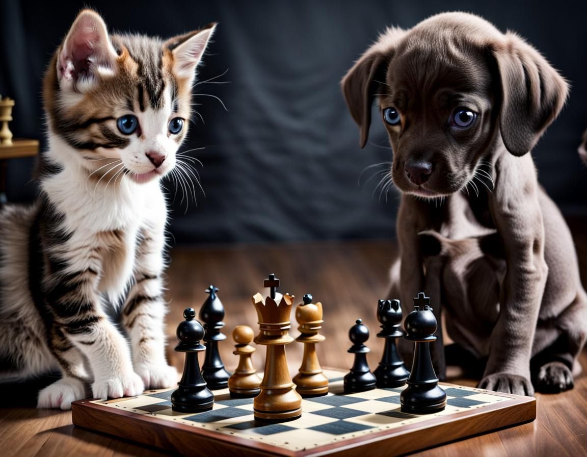 Puppy and Kitten Play Chess