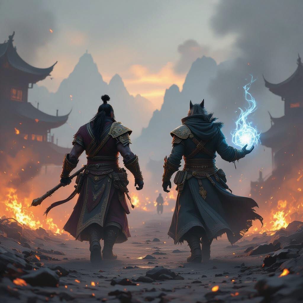 Heroic Monk and Mage in Battlefield Cinematic Shot
