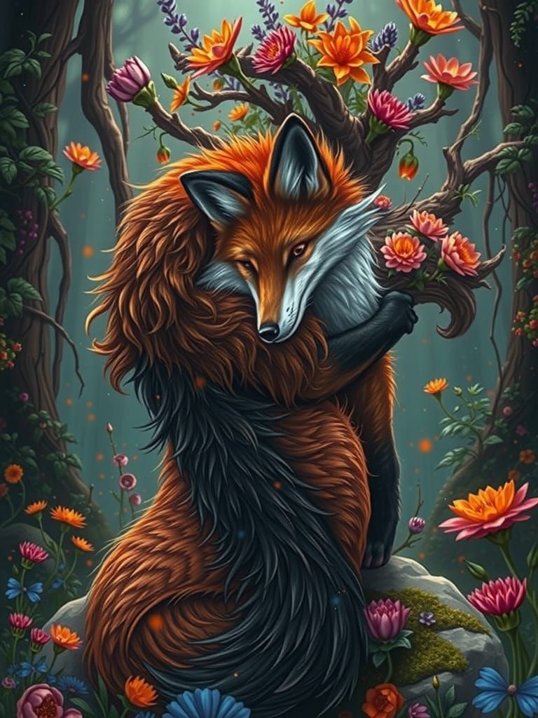 Mystical Forest Fox with Luxuriant Tail and Vibrant Colors