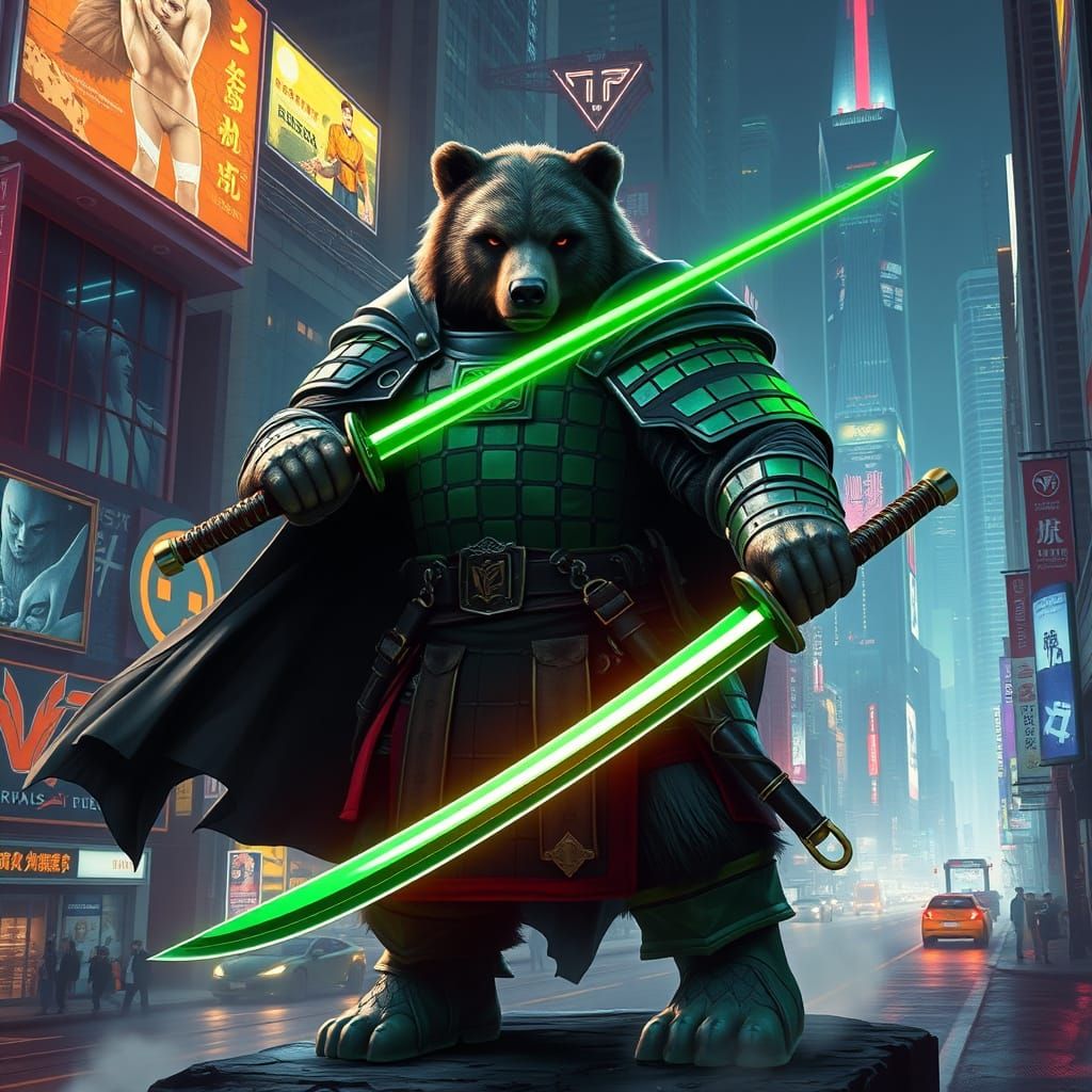 Bear Warrior in Cyberpunk Neon Cityscape