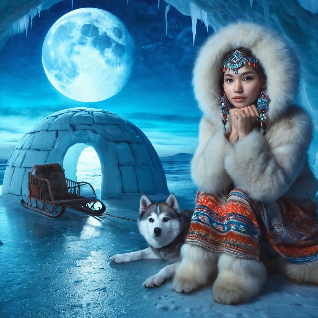Eskimo Woman Portrait in Blue Moonlight