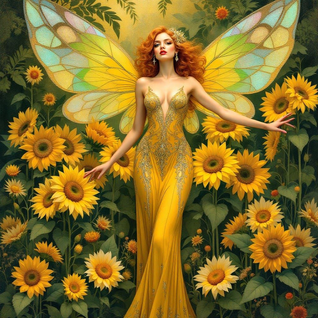 Art Deco Fairy in a Sunflower Garden