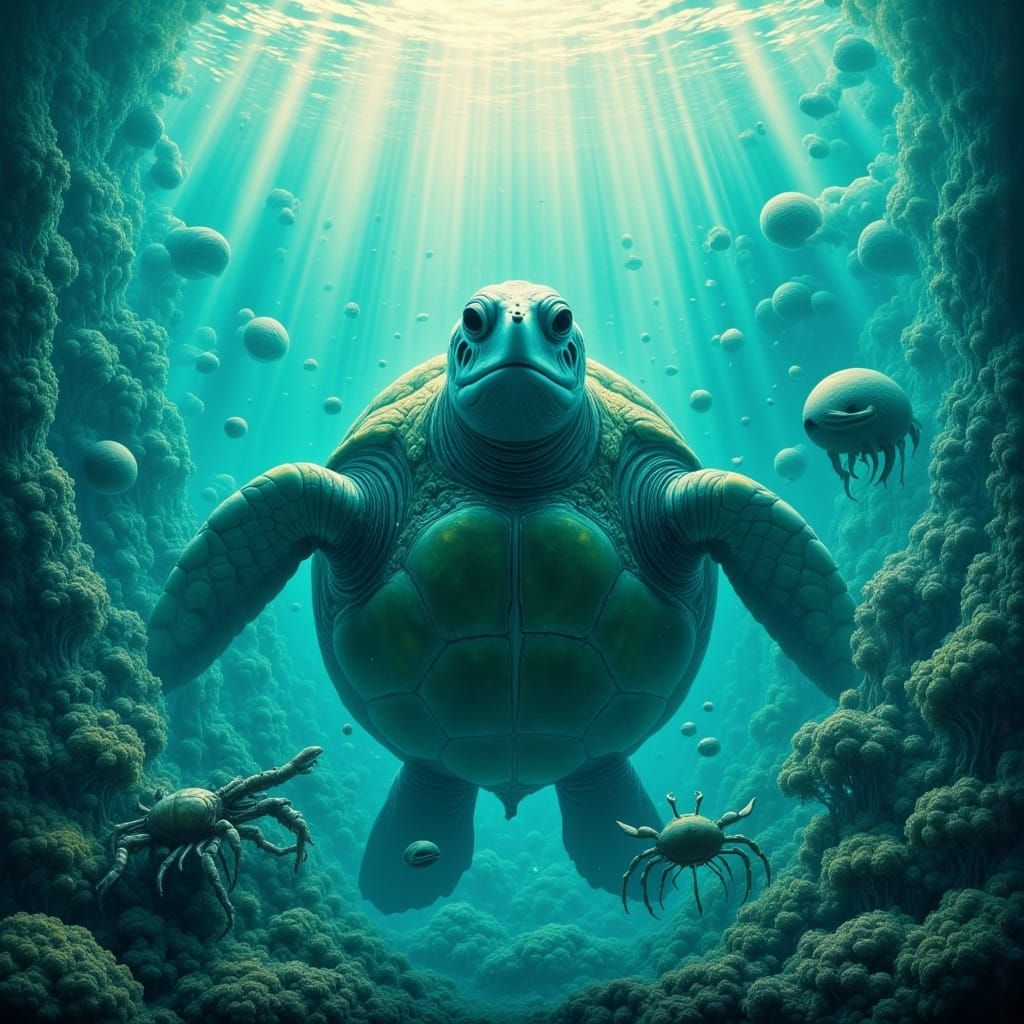 Turquoise Turtle in Deep Sea, Art Nouveau Style