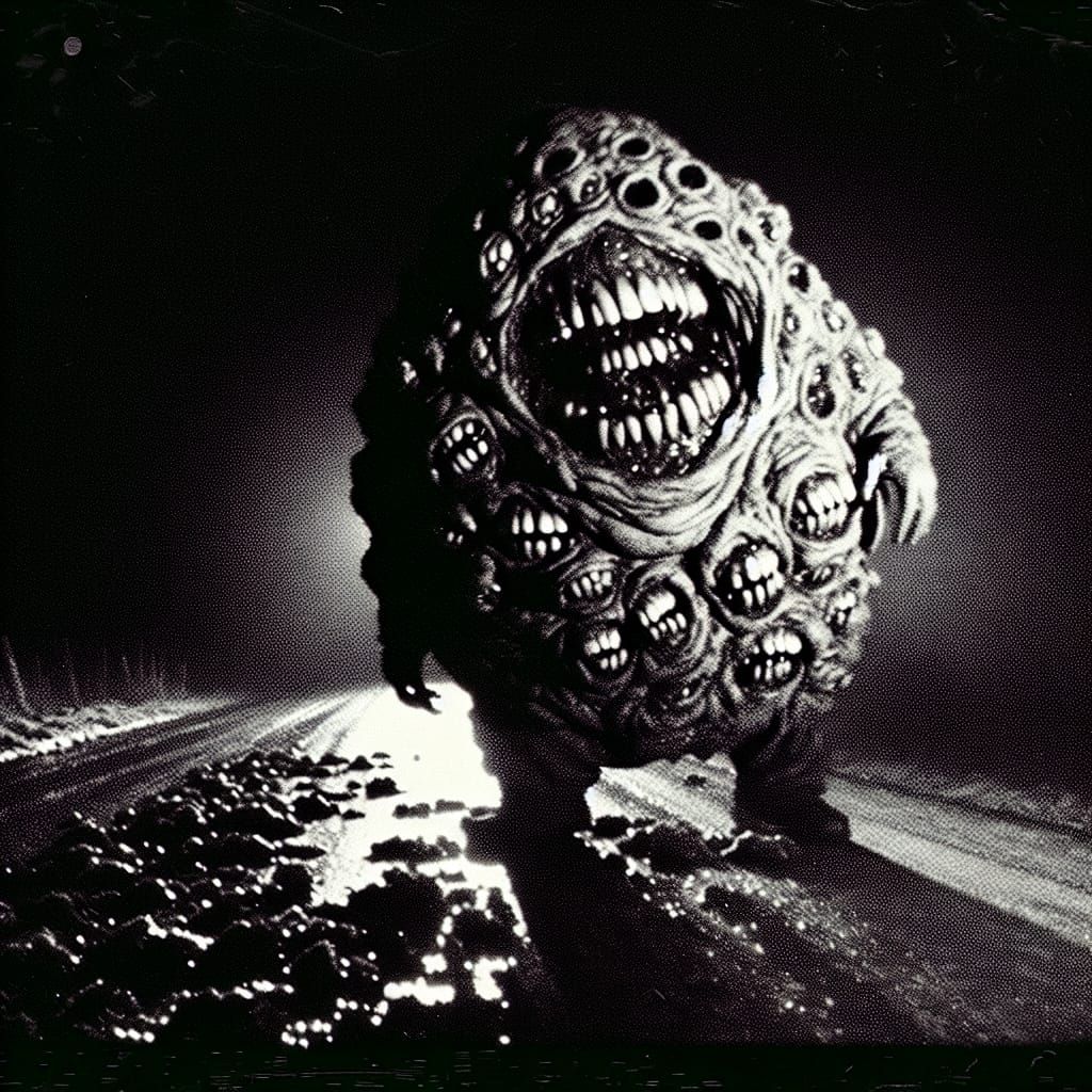 Grotesque Figure with Glowing Teeth in Analog Horror Style