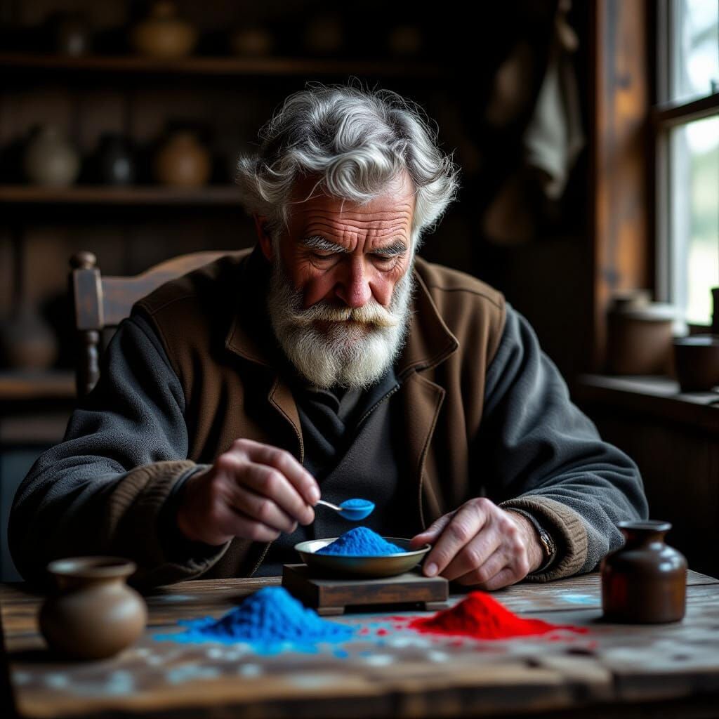 Elderly Man Measures Colored Powders
