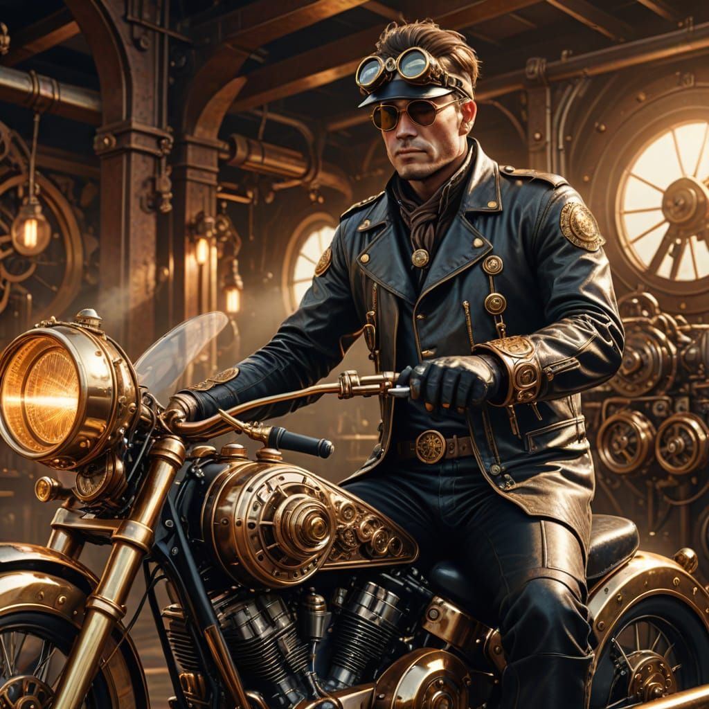 Steampunk Man on Motorcycle with Brass Gears