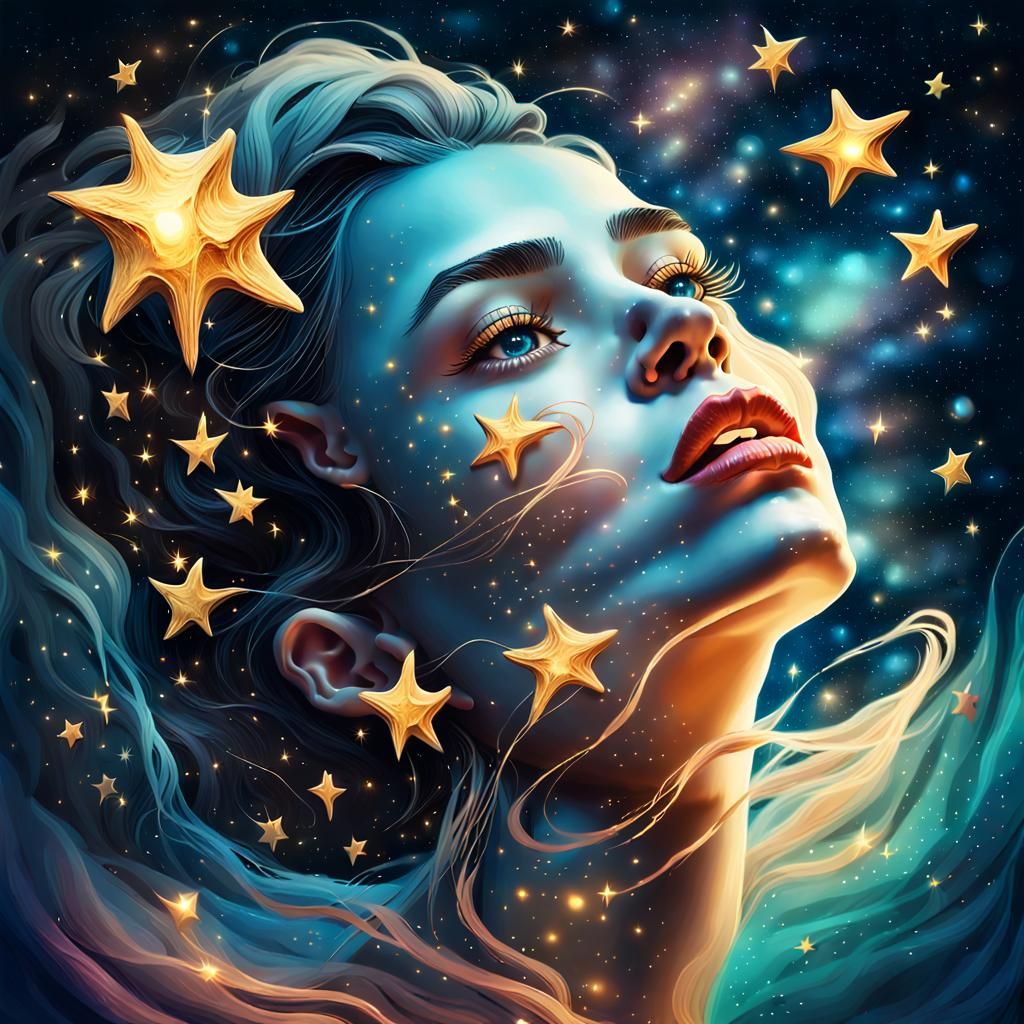 Surreal Genie Portrait in Starry Sky, as Digital Art