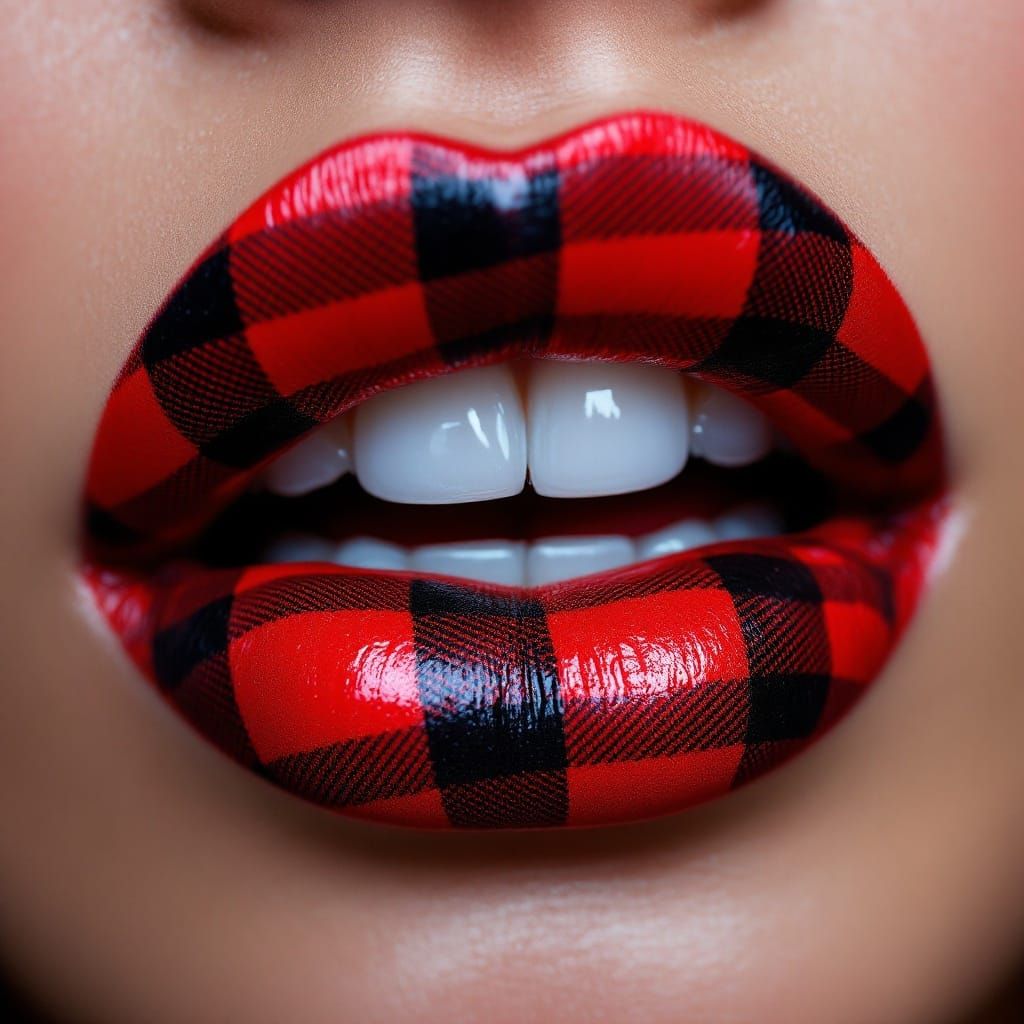 Glossy Red and Black Buffalo-Plaid Lips in Vogue-Inspired Av...