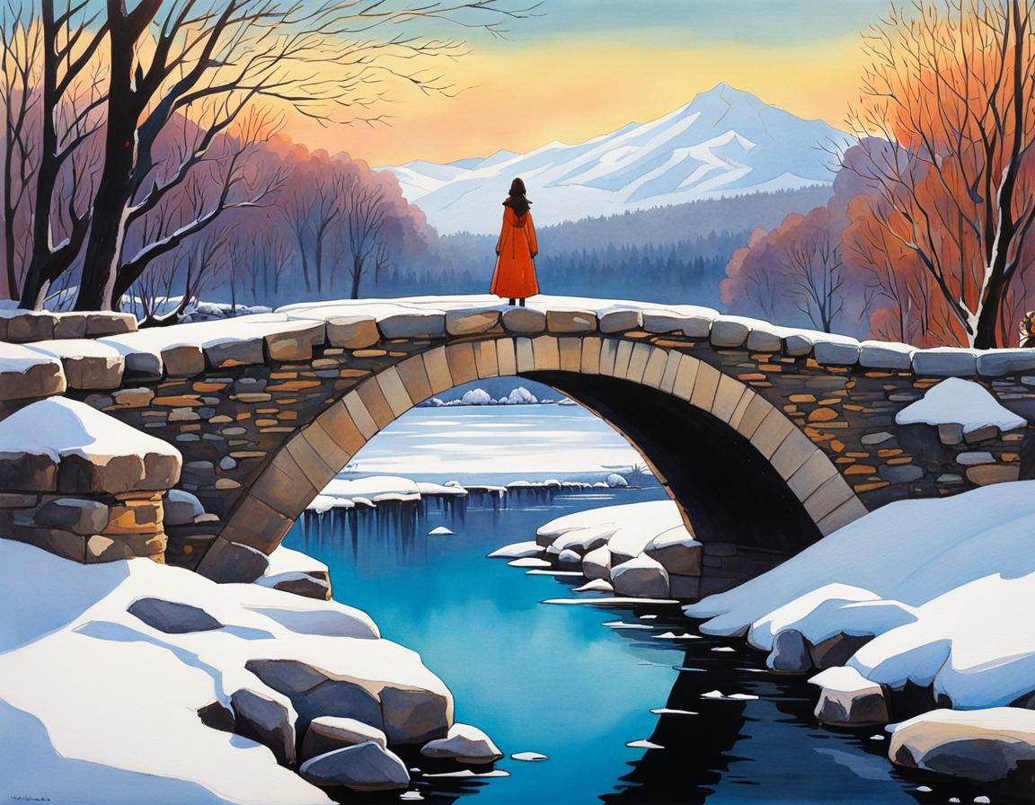 Woman and Dog on Snowy Bridge in Gouache Style