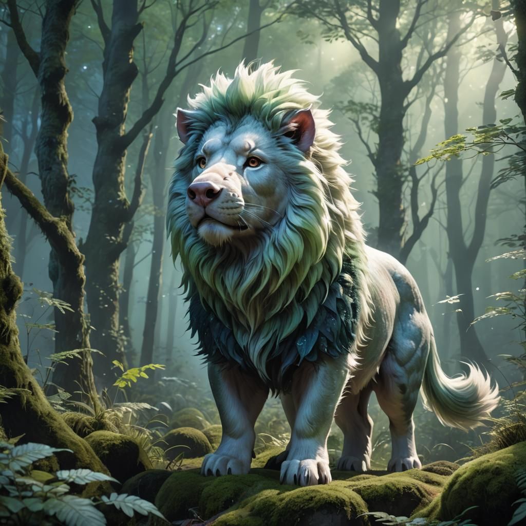 Anime Style Pig-Lion Creature in Misty Forest