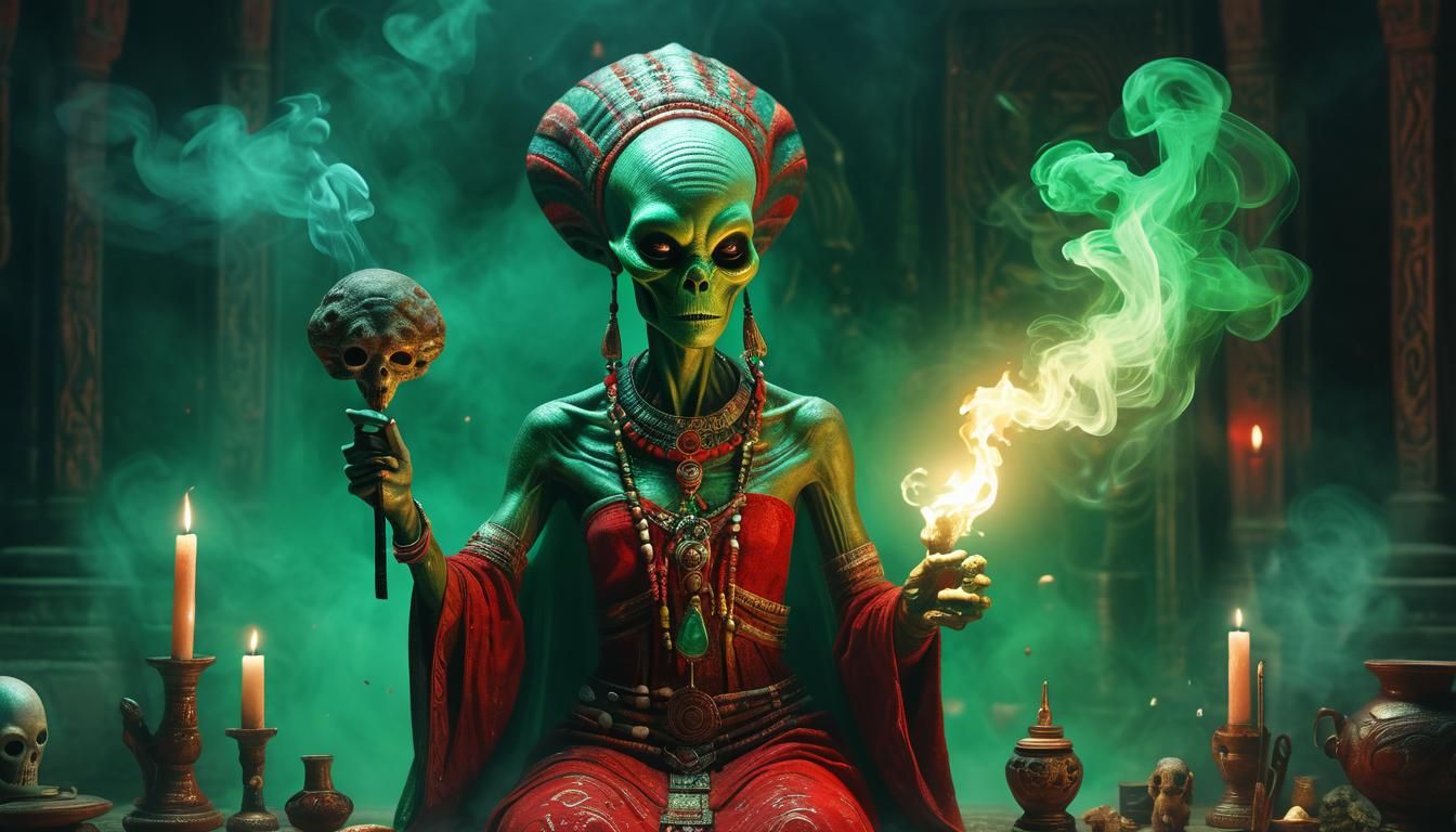 Alien Priestess Conjuring Ritual in Psychedelic Astral Art