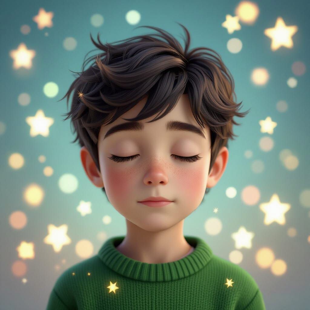 Boy in Green Sweater with Eyes Closed, Surrounded by Stars