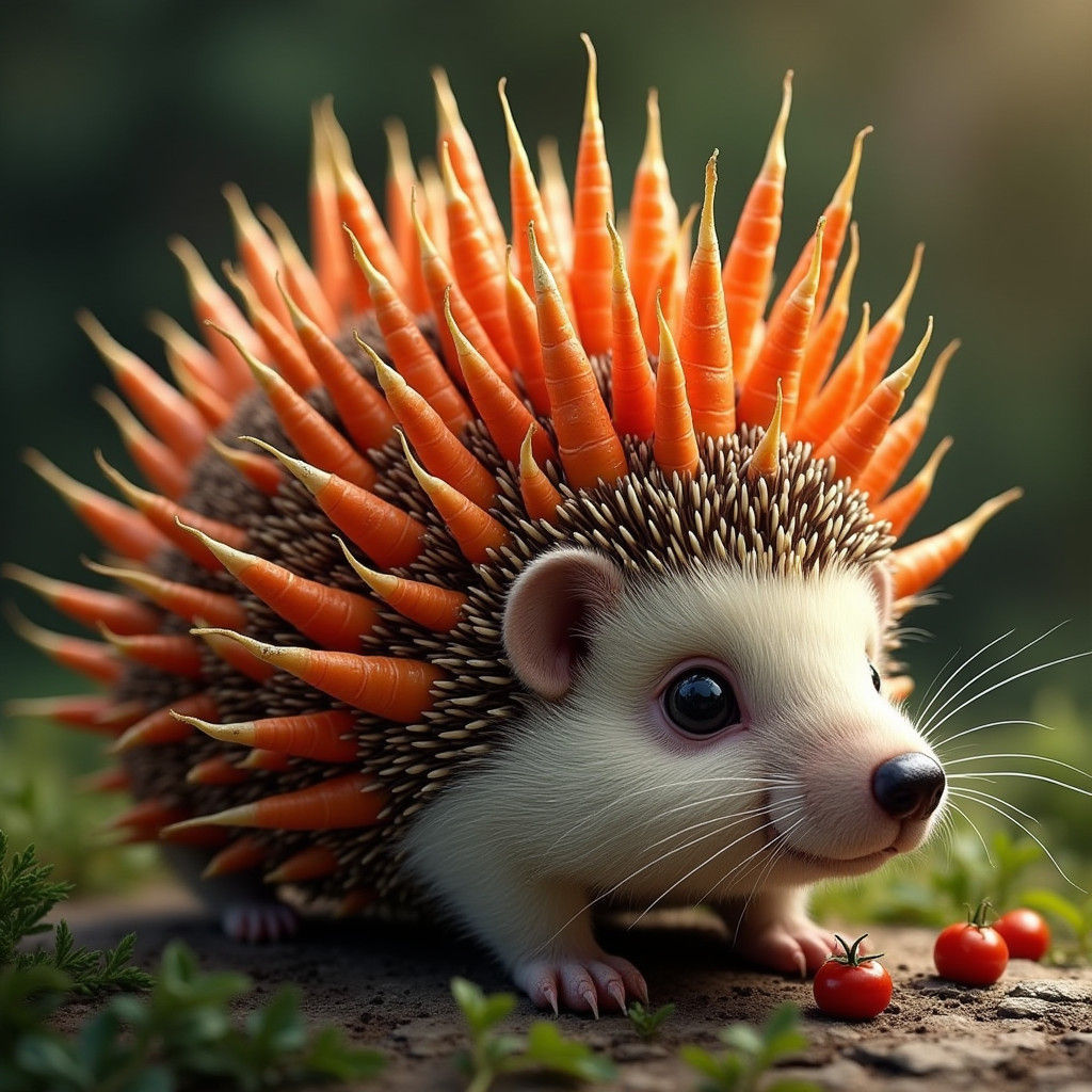 Hyperrealistic Hedgehog with Carrot Quills and Tomato Nest