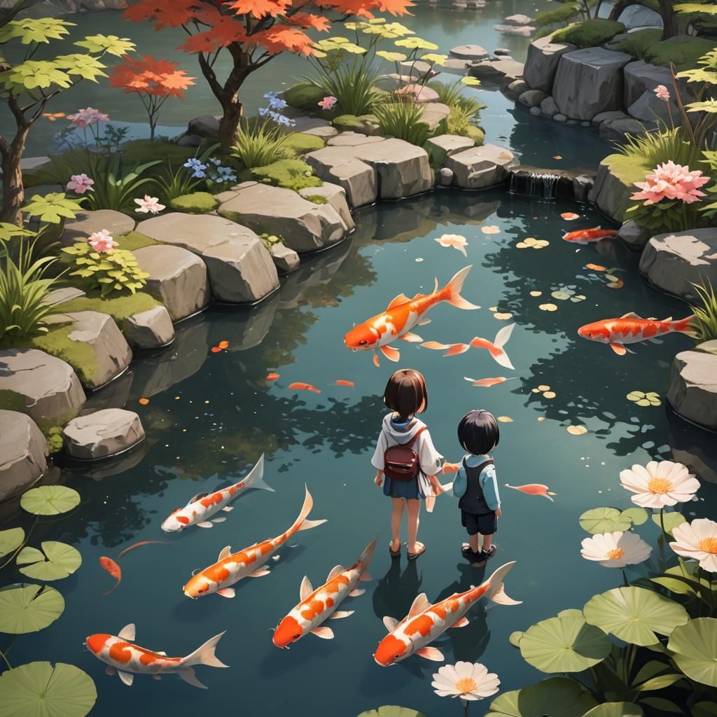 Children Admire Koi in Japanese Garden, Anime Style