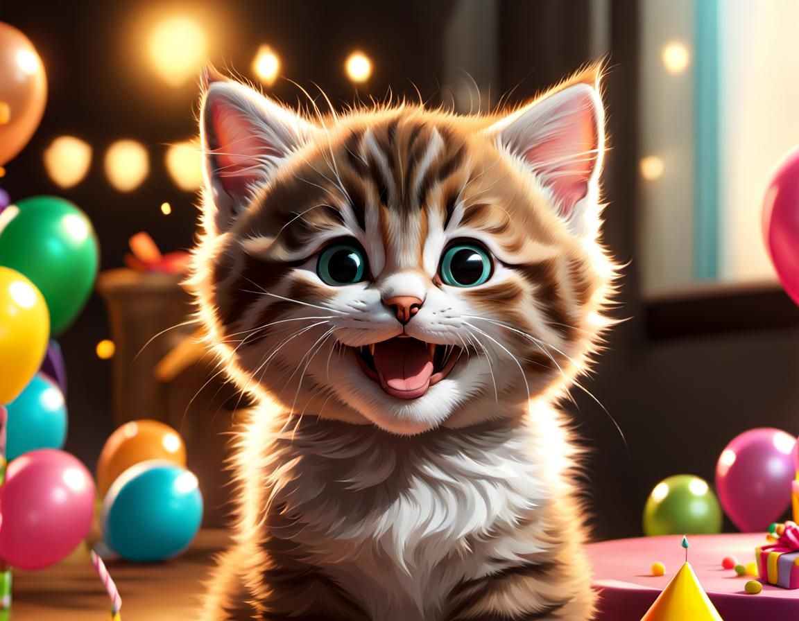 Happy Birthday Kitten in Detailed Comic Art