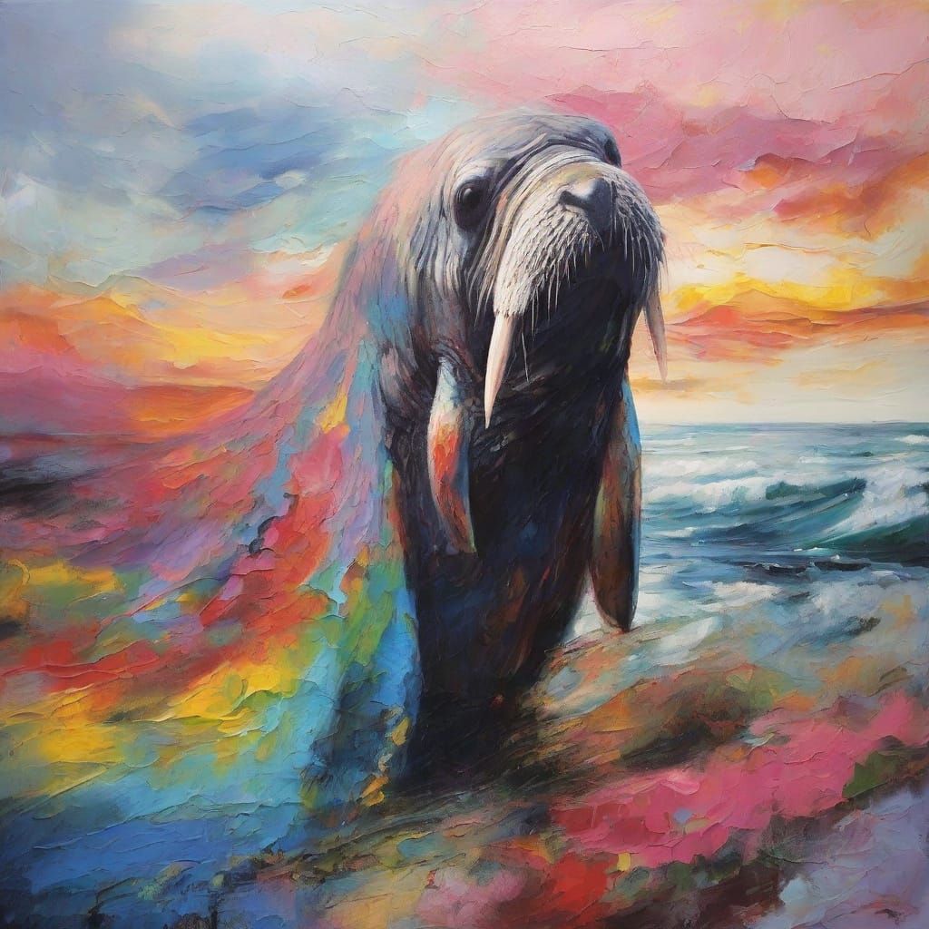 Colossal Walrus in Seafood Hat on Stormy Shore