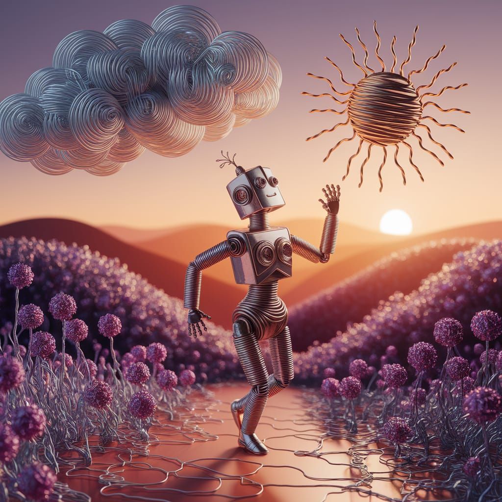 Wire Robot Dances in Art Nouveau Sunset