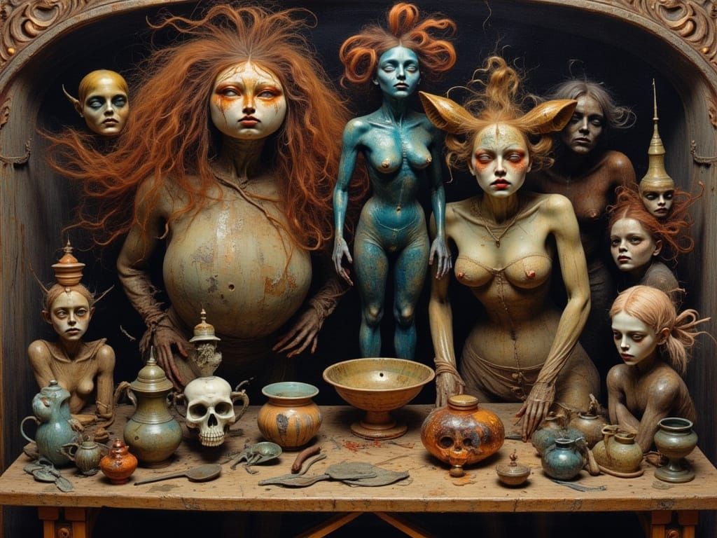 Madman Potters at Work in Bizarre Oil Painting