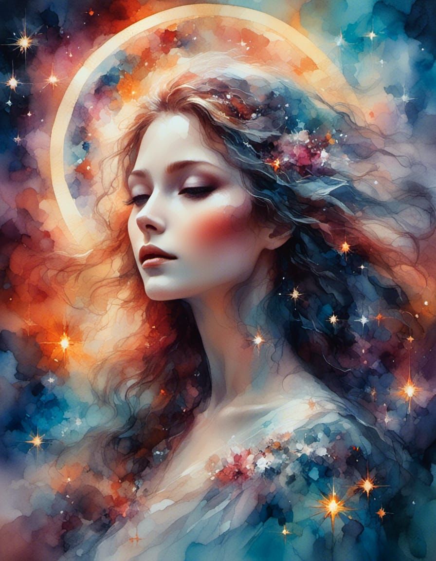 Cosmic Bride in Celestial Gown: Surreal Oil Painting