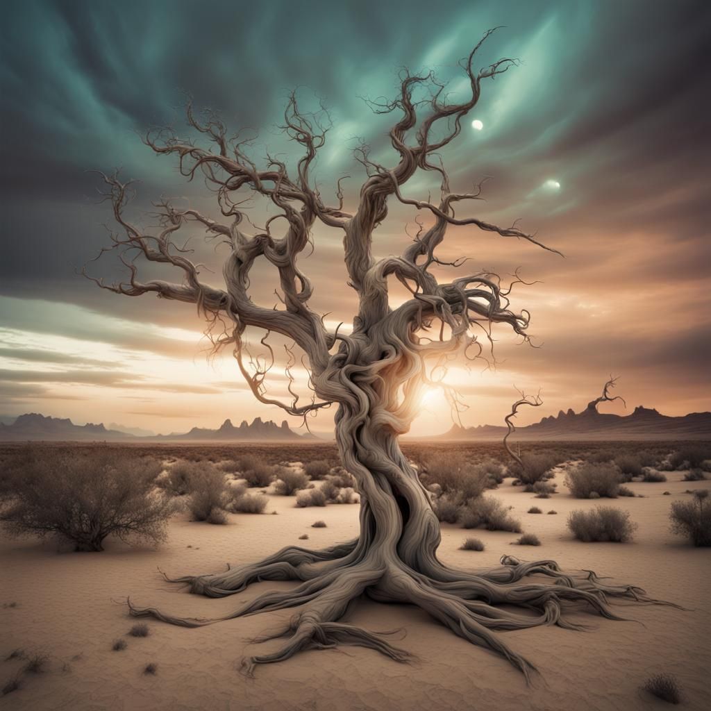 Surreal Desert Island Oasis with Twisted Tree