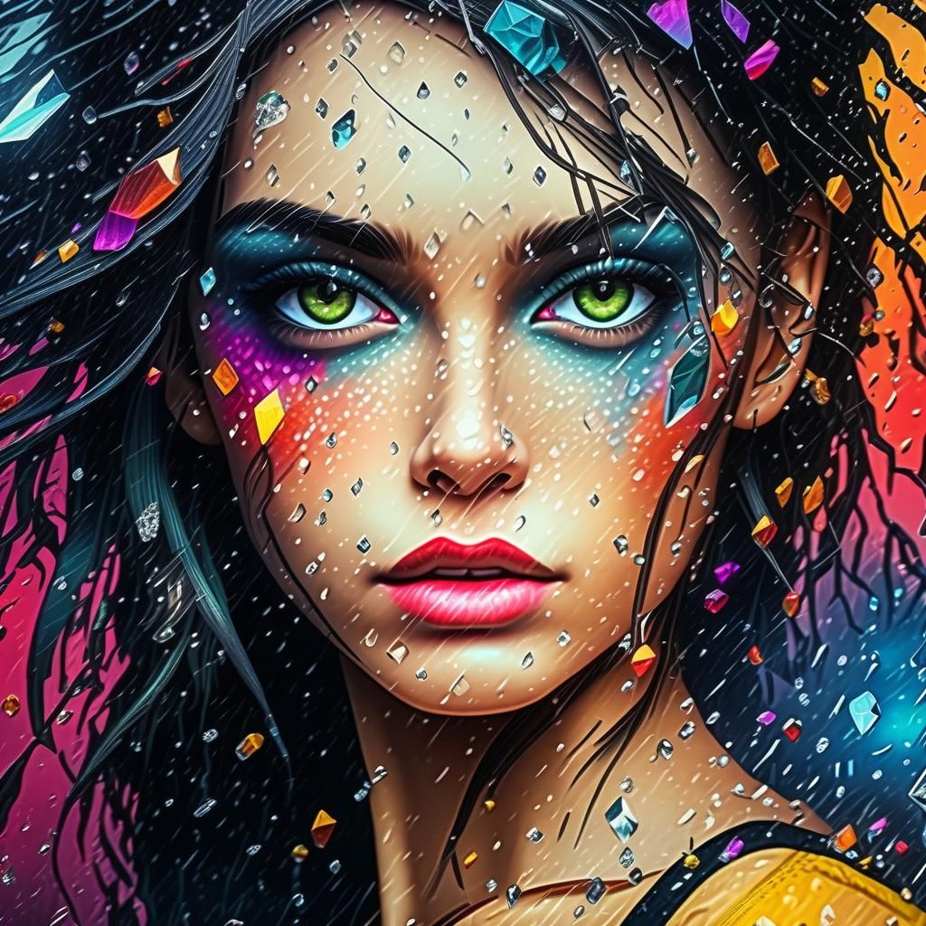 Figure Appears from Diamond Rain: Hyperrealistic HDR Image