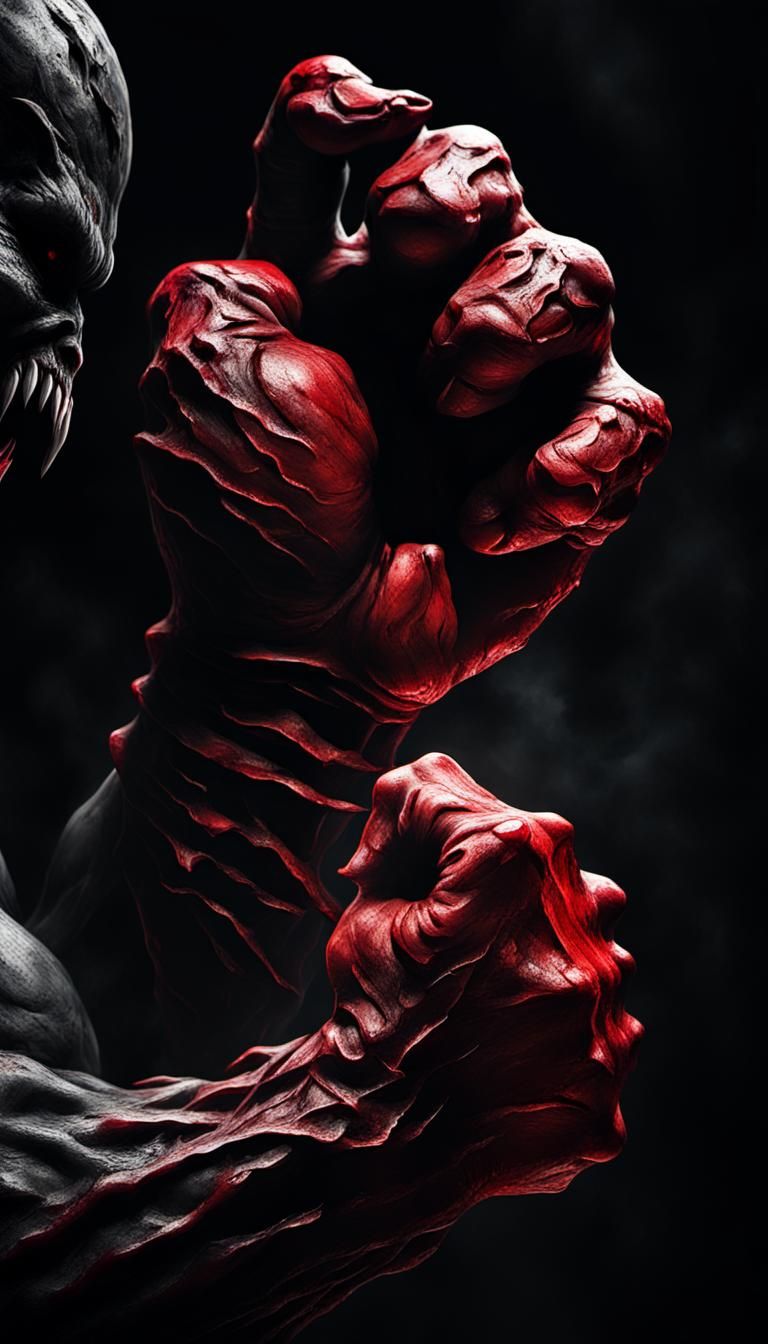 "Bloody fists; shadows dim the monster showing only gargantu...