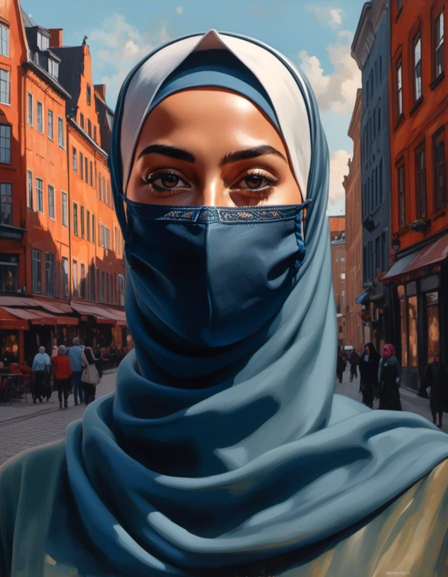 Young Hijabi Woman with Mask in Oil Painting Style