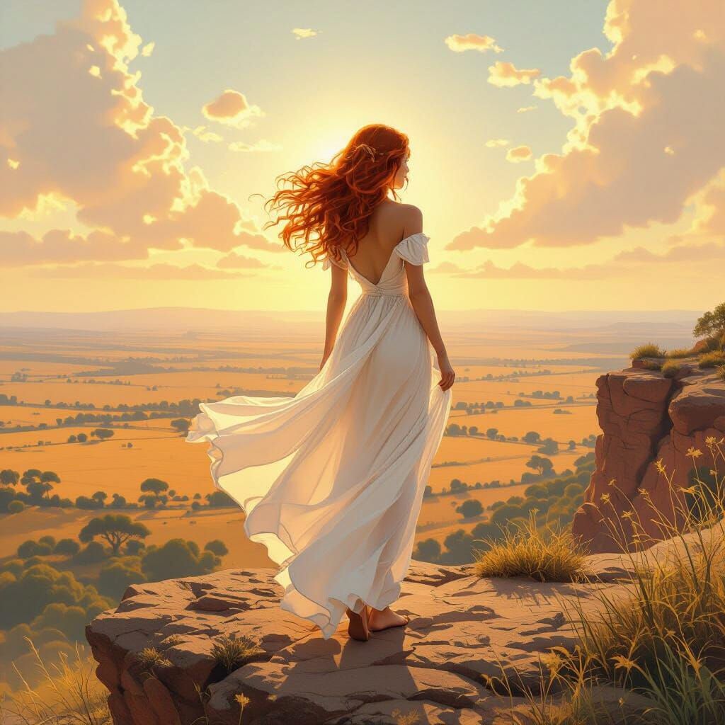 A beautiful girl with a flowing mane of red hair, standing on a rocky precipice overlooking a vast, sun-drenched savanna...
