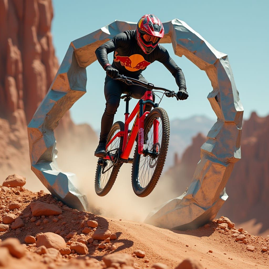 Cyberpunk Cyclist Blasts Out of Red Bull Can in Orange Deser...