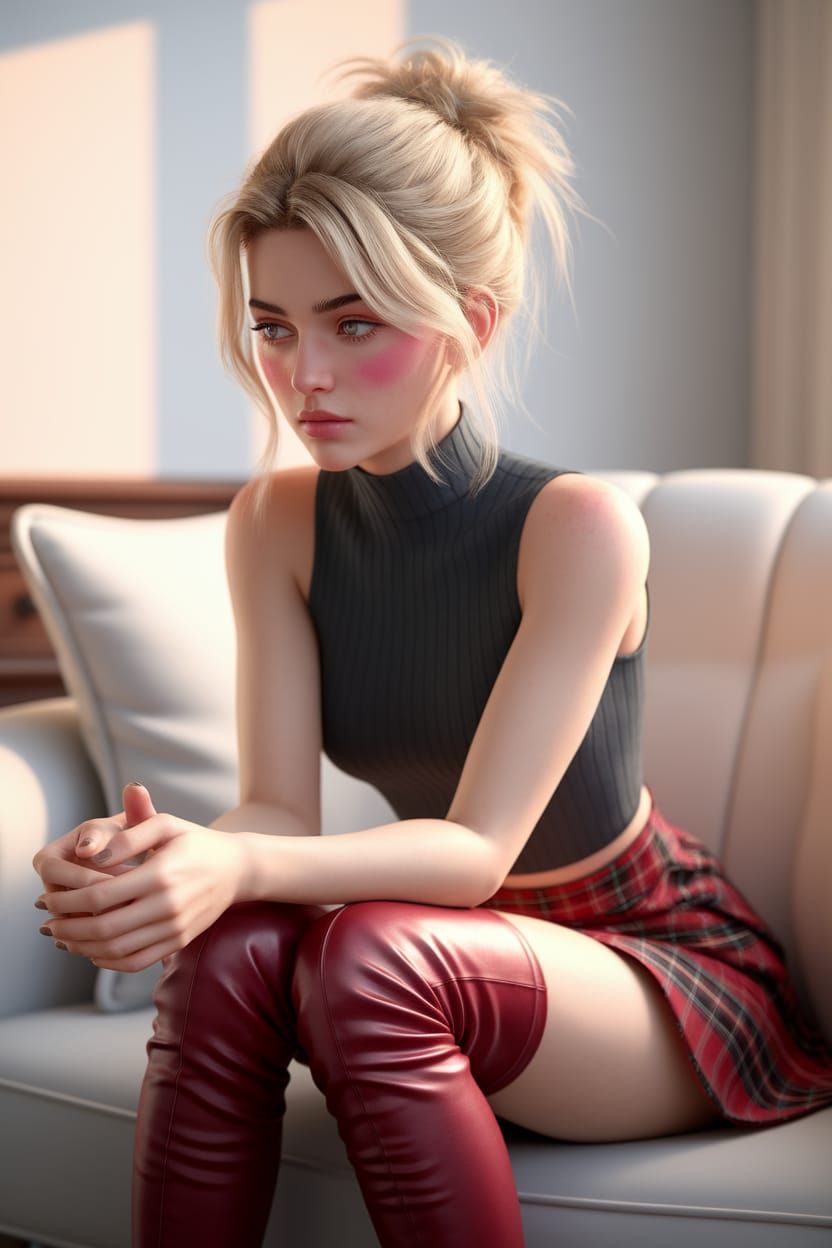 Blonde Woman in Plaid Skirt: Digital Portrait