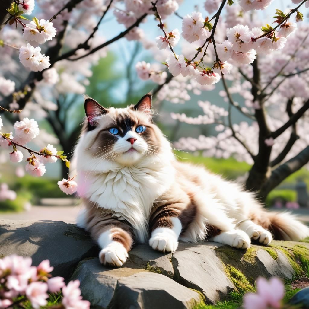 Happy Ragdoll Cat Sunbathing Under Cherry Blossoms