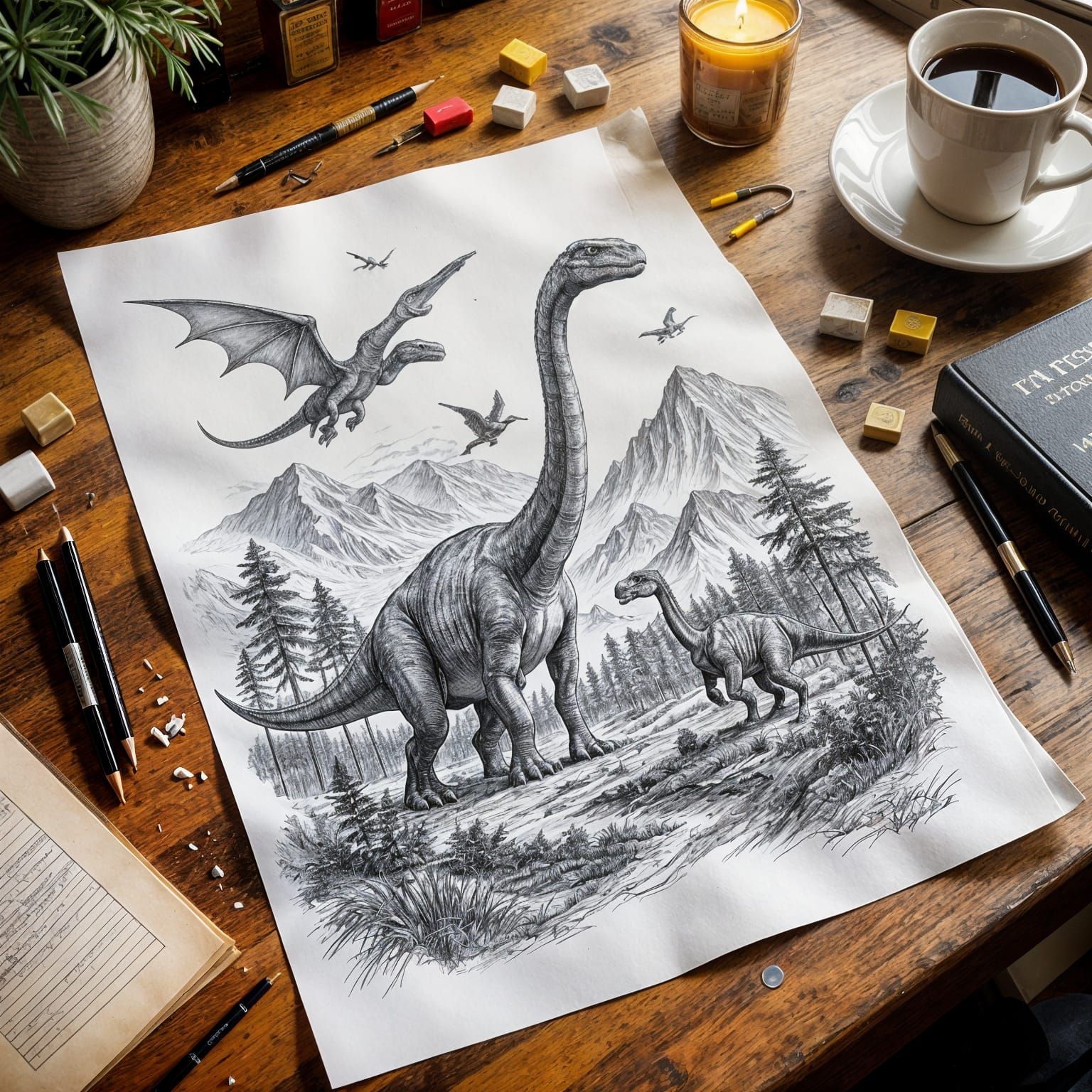 Jurassic Period Scene on Paper Drawing