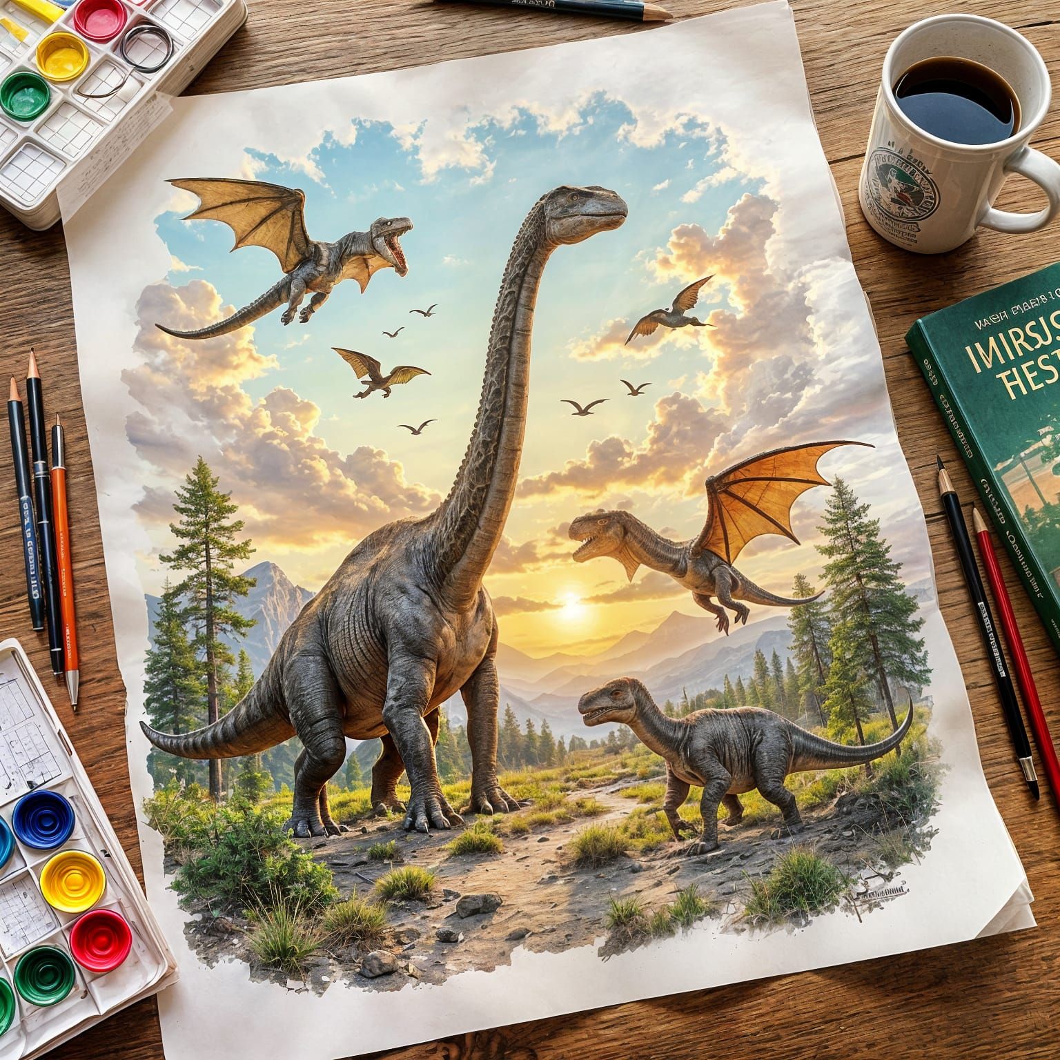 Jurassic Period Scene in Detailed Pencil Drawing