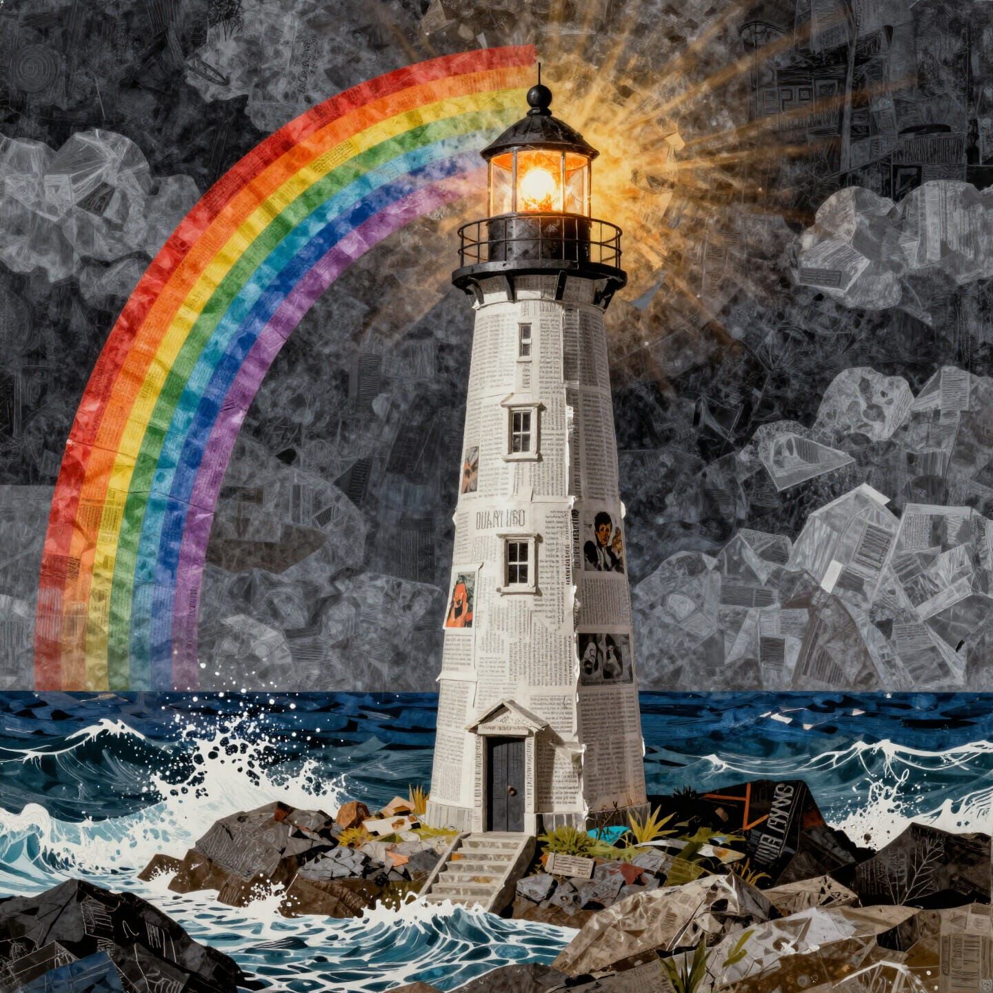 Prismatic Lighthouse Collage on Rocky Coast