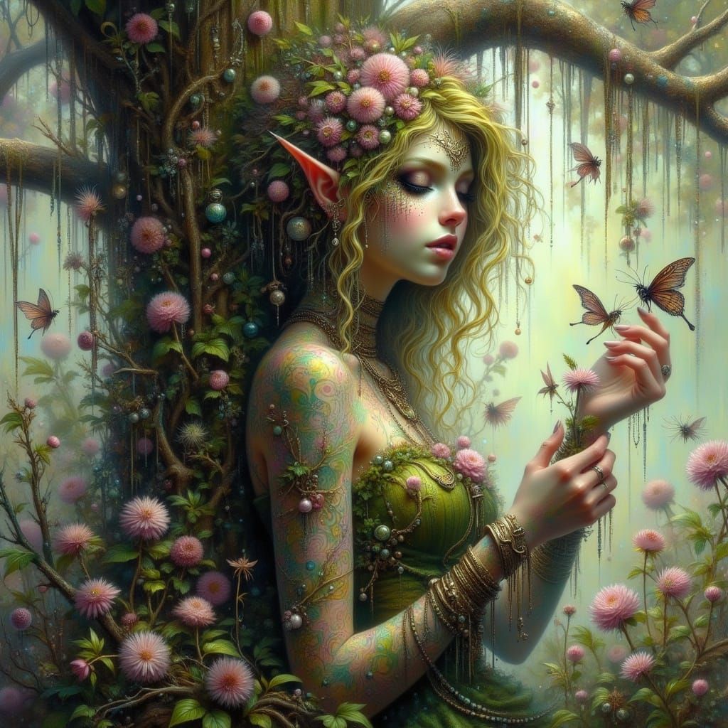 Dryad Woman Emerges from Ancient Oak in Dappled Sunlight