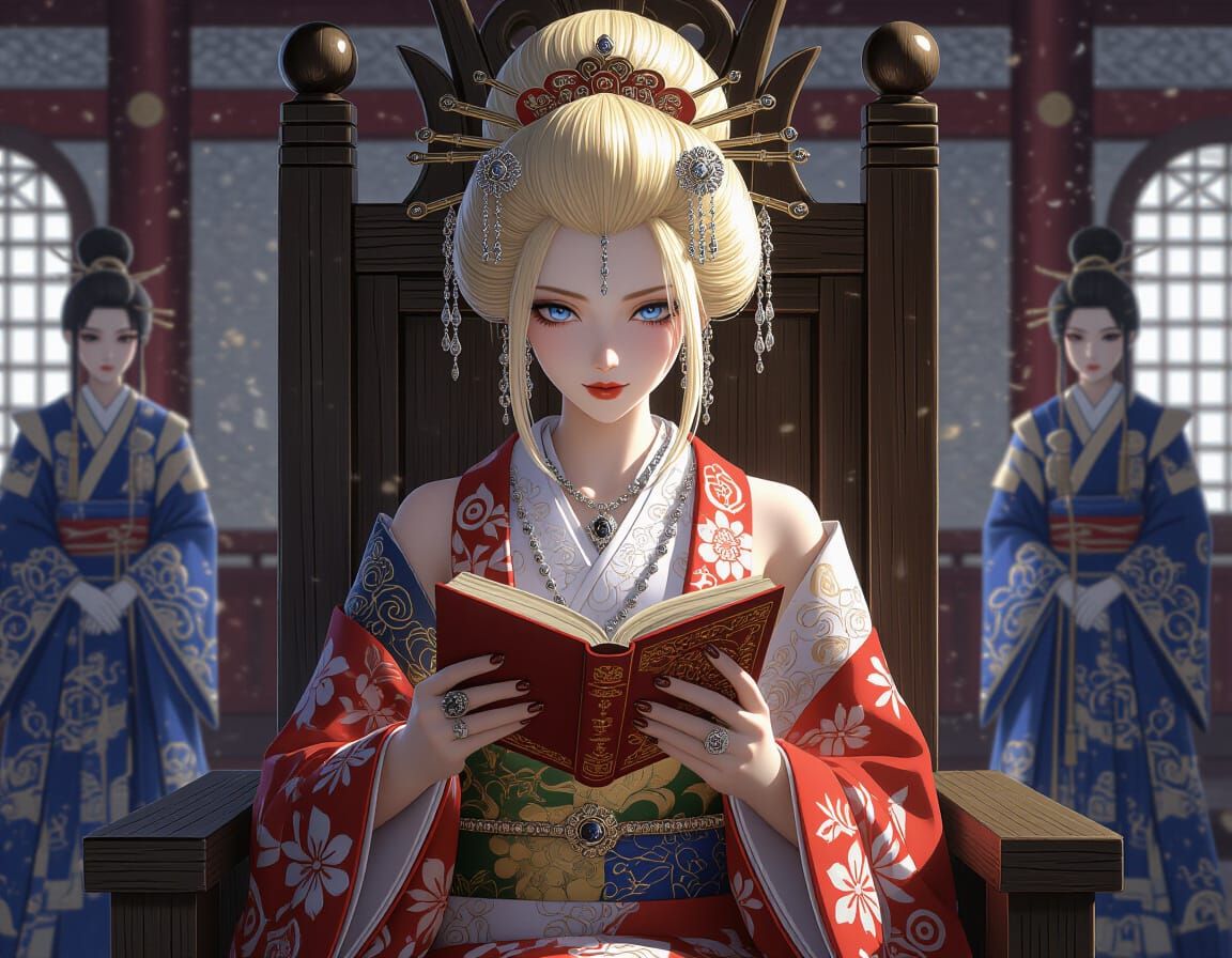 Anime Queen Reads Book in Bavarian-Japanese Throne Room