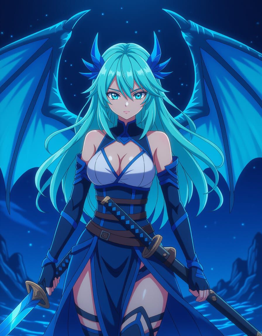 Anime Woman With Blue Dragon Wings and Katana