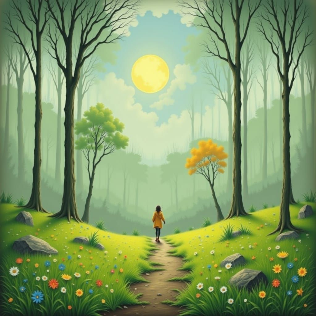 Barefoot Run Through Green Fields in Surreal Style