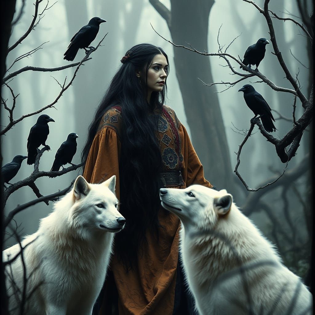 Regal Witch in Earthy Robes, Surrounded by Black Crows and a...