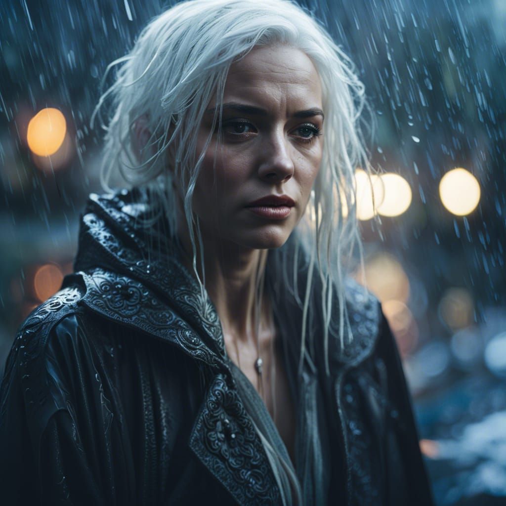 Woman in Rain: A Sad, Detailed Portrait