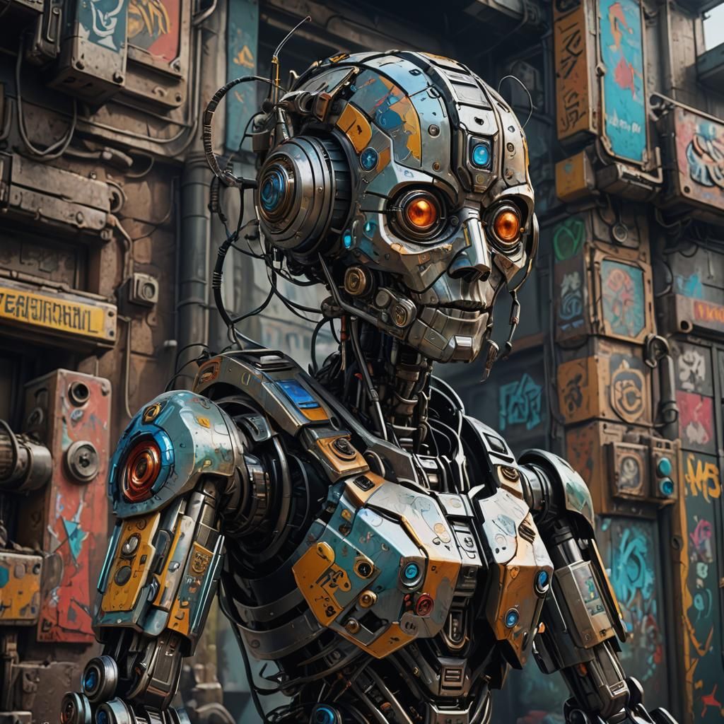 Techno Robot Wisława Szymborska in Photorealistic Graffiti