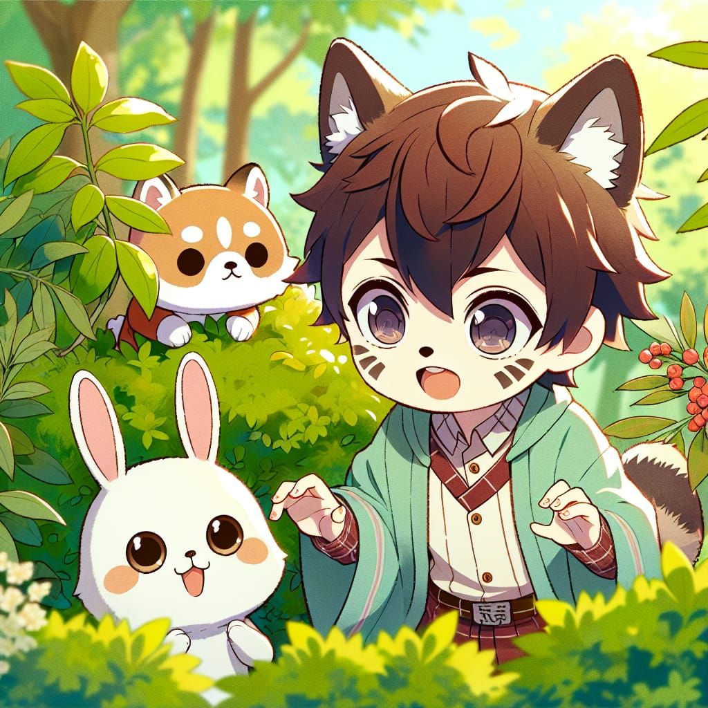 Evolved from “A cute anime Tanuki is playing with a cute ani...