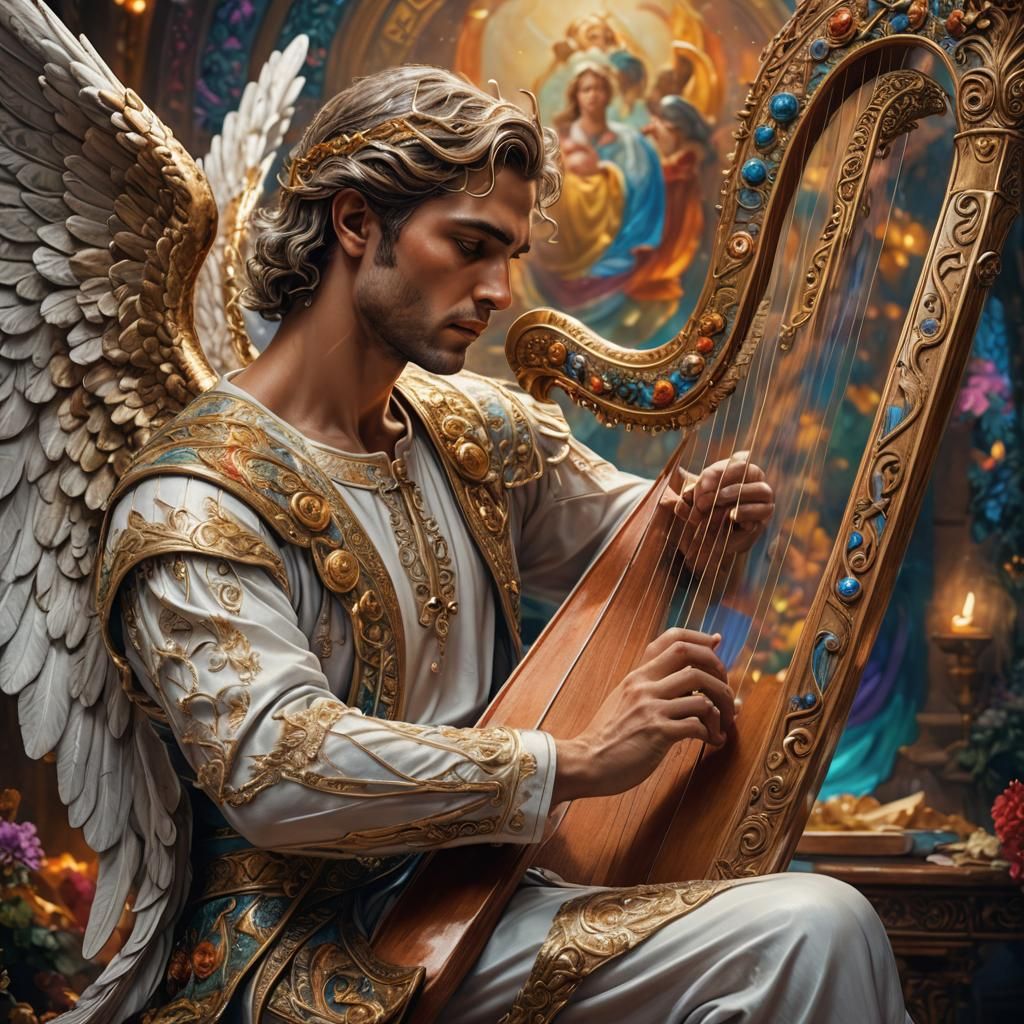 Hyperrealistic Angel Playing Harp in Divine Light