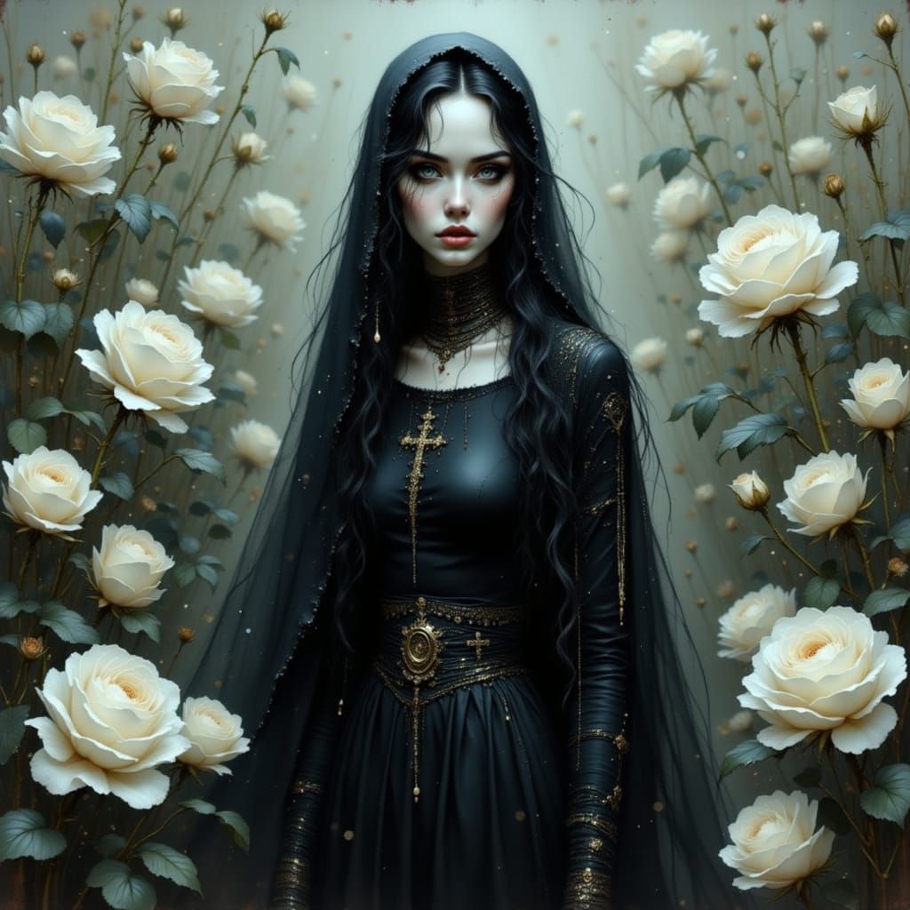 Vampire Nun in Glittered Dress with White Roses