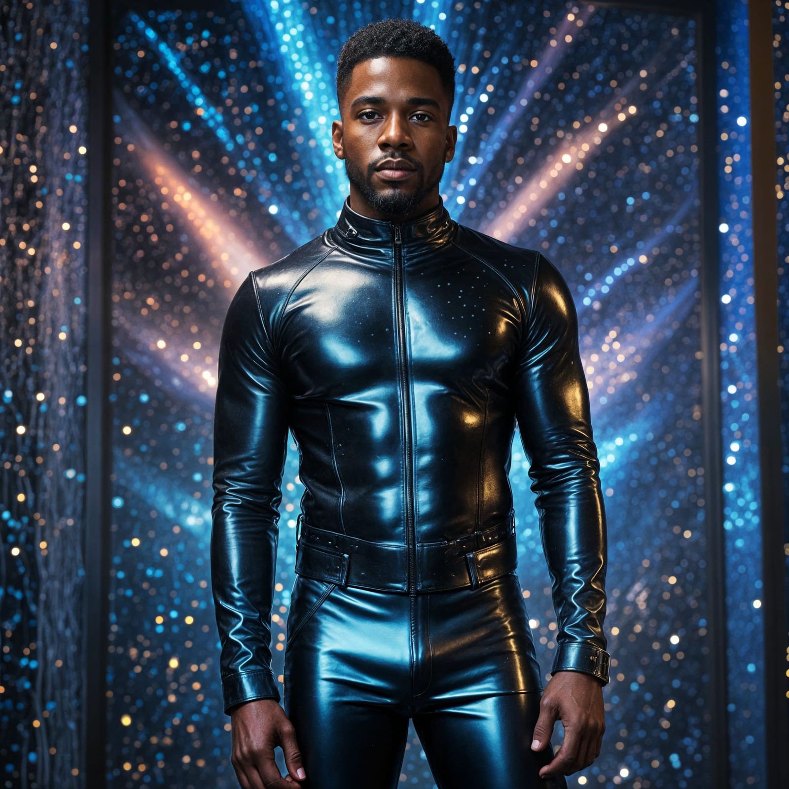 Attractive Black Man in Leather in Glitter Room