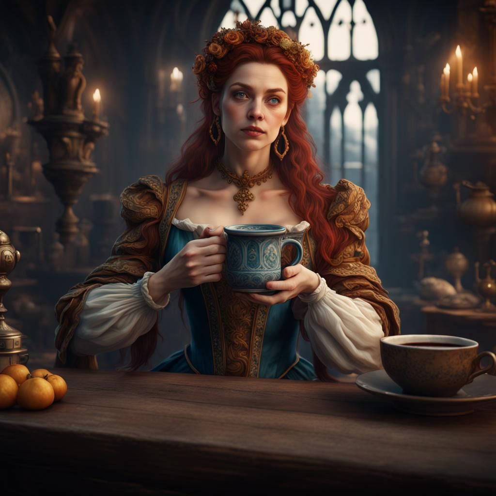 Lady of Shalott with Coffee Mug: Detailed Matte Painting