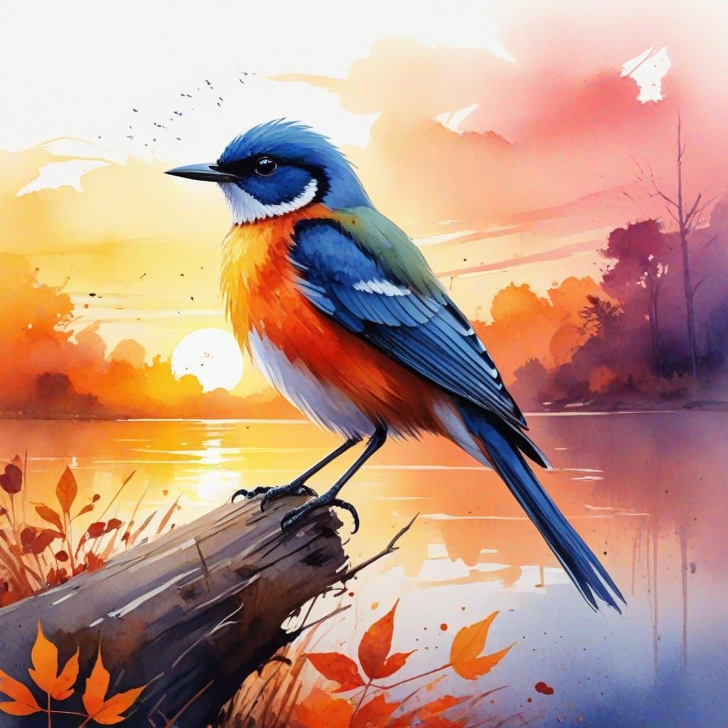 Vibrant Expressive Autumn Bird Sunset in Watercolor Style