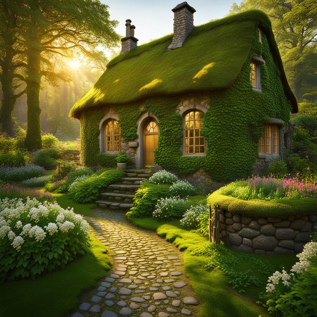 Enchanted Forest Cottage with Glowing Books and Portal