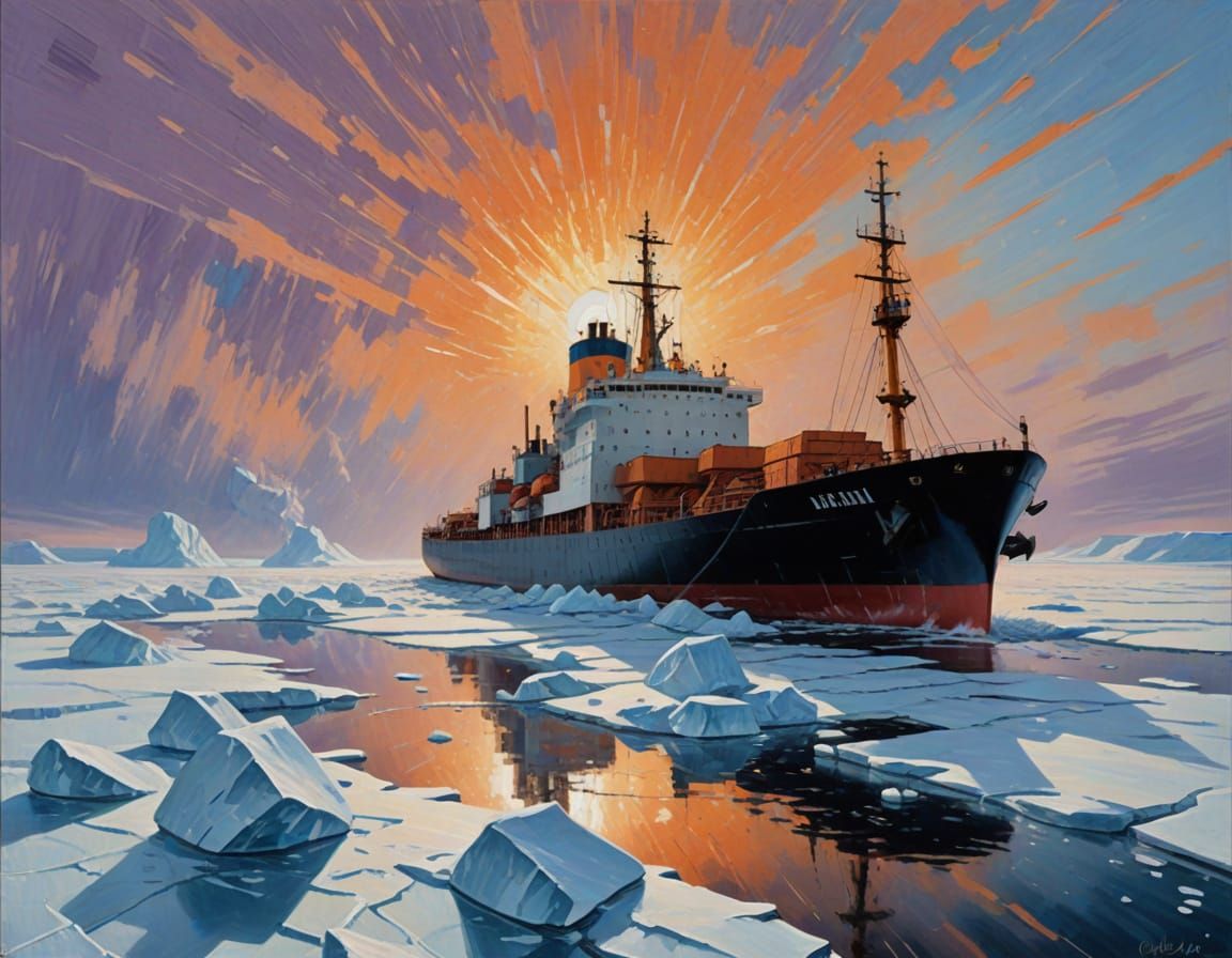 Impressionist Oil Painting of Arctic Icebreaker and Cargo Sh...