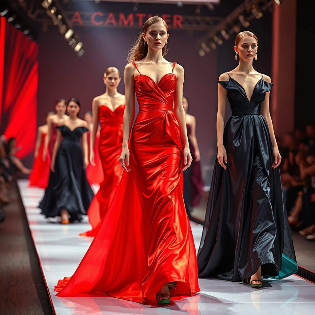 Runway Fashion Show: Red and Black Satin Dresses